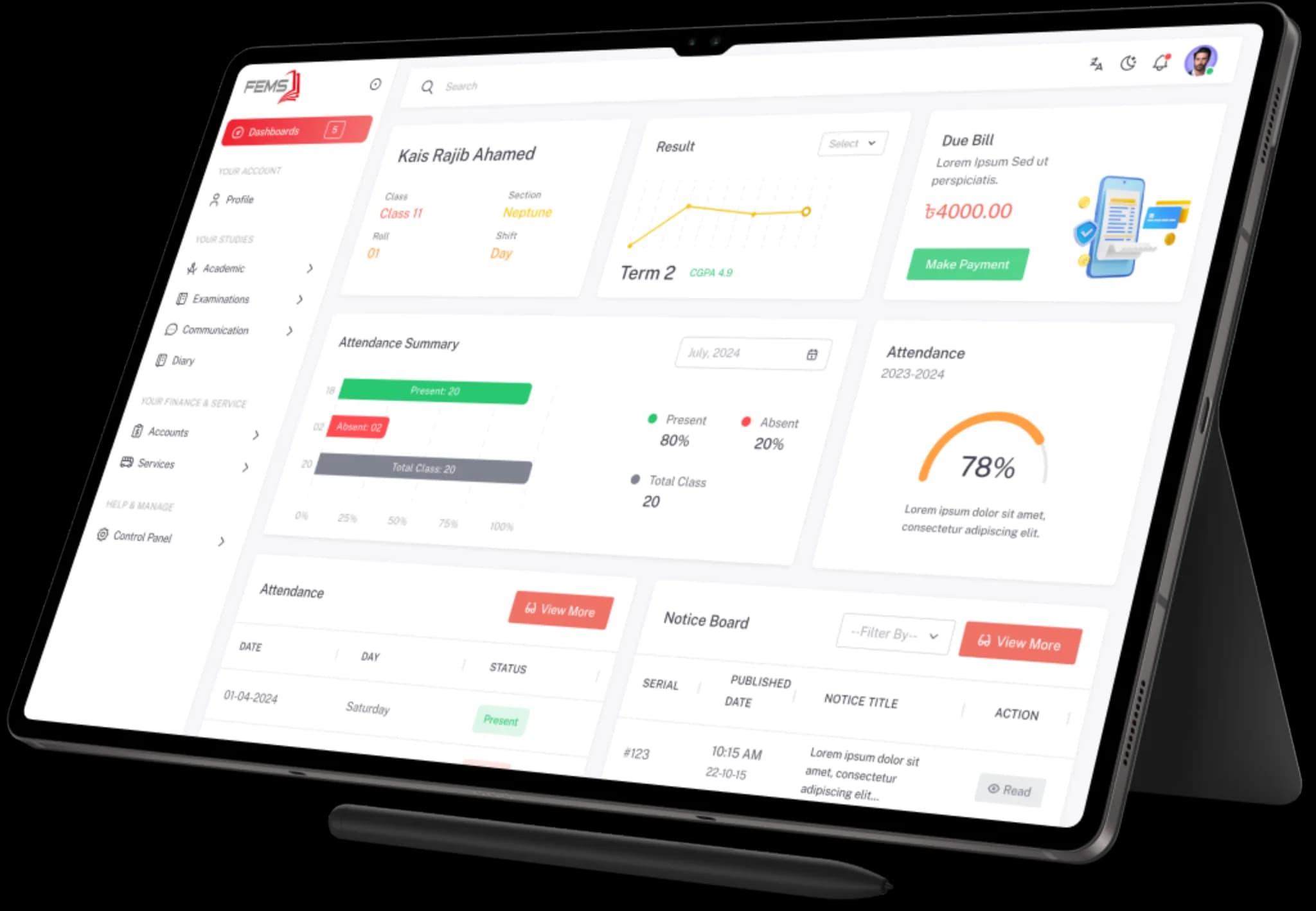 FEMS Web Portal dashboard